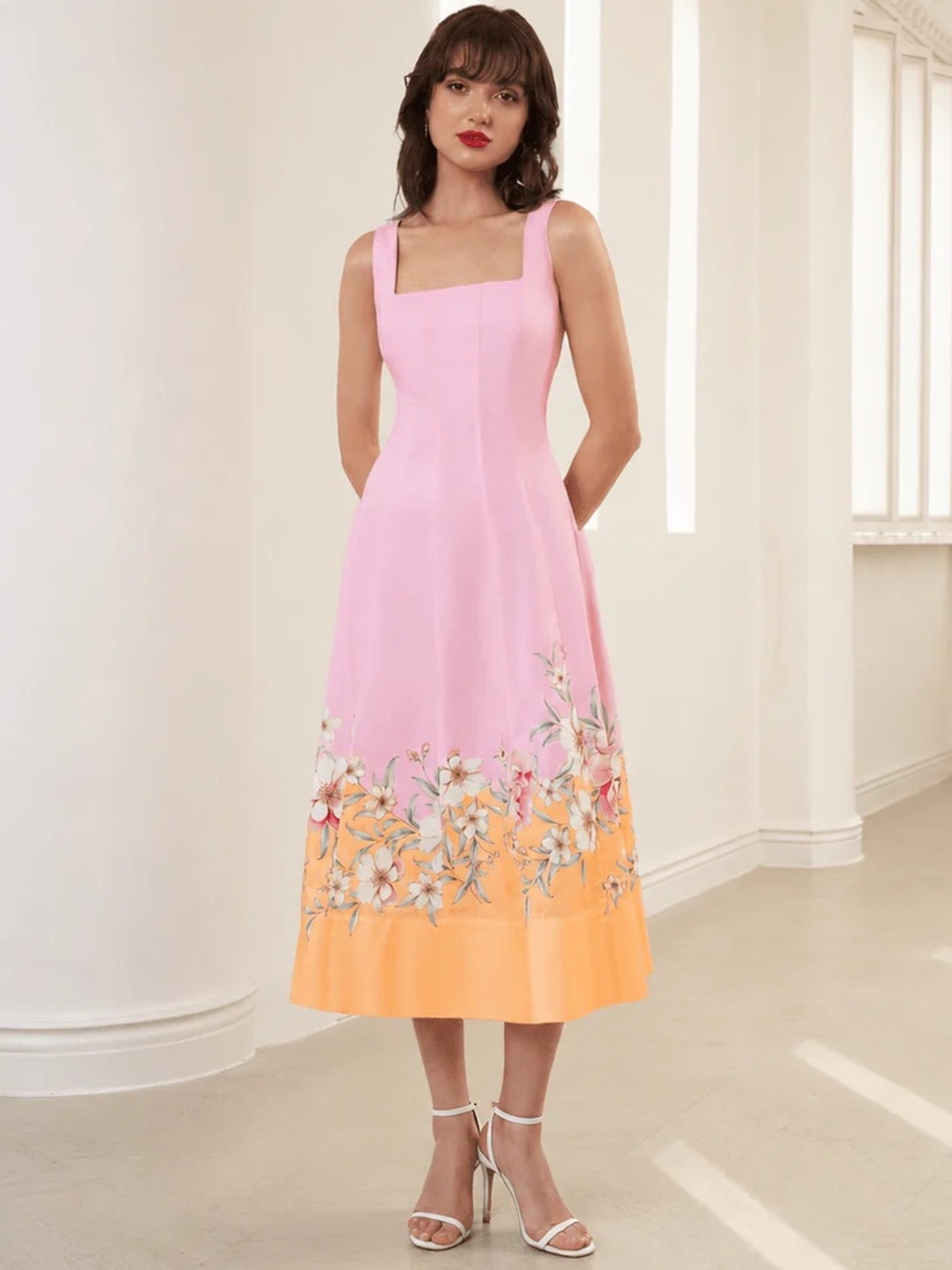 Yumi Kim Pink Midi Dress with Orange Floral Hem